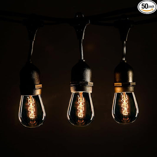 Hometown Evolution, Inc. E26 Outdoor Commercial String Lights with Suspended Socket for Weatherproof Heavy Duty Vintage Outside Lighting (S14 Zig Zag Edison 11 Watt Bulbs, 100 Foot 50 Socket)