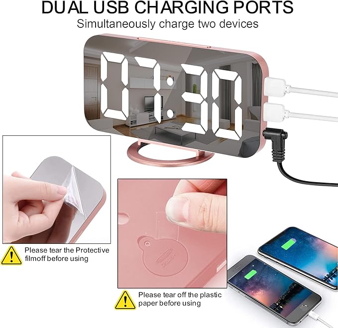 SZELAM Alarm Clock for Bedroom,LED and Mirror Digital Clock Large Display,with Dual USB Charger Ports,Auto Dim,Snooze Mode,Modern Desk/Wall Electronic Clock for Girl Woman Mom Teens - Rose Gold