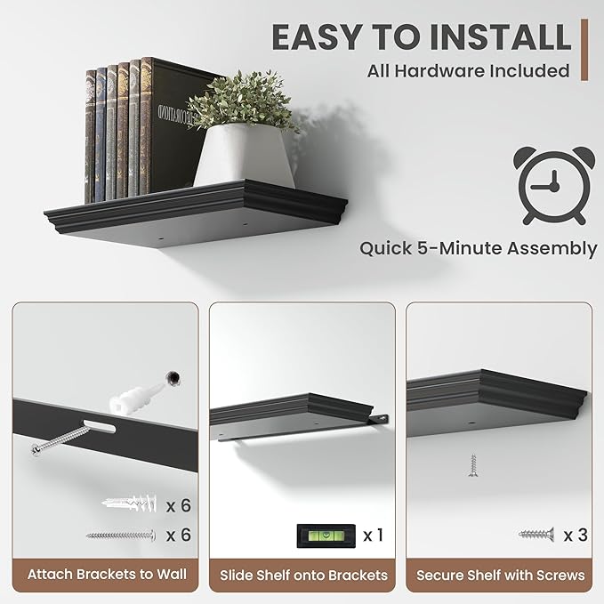 Floating Shelves for Wall, 16 Inch Wall Mounted Black Hanging Shelf for Kitchen, Living Room, Office, Bedroom, Bathroom, Retro Vintage Wood Bookshelf for House Decor