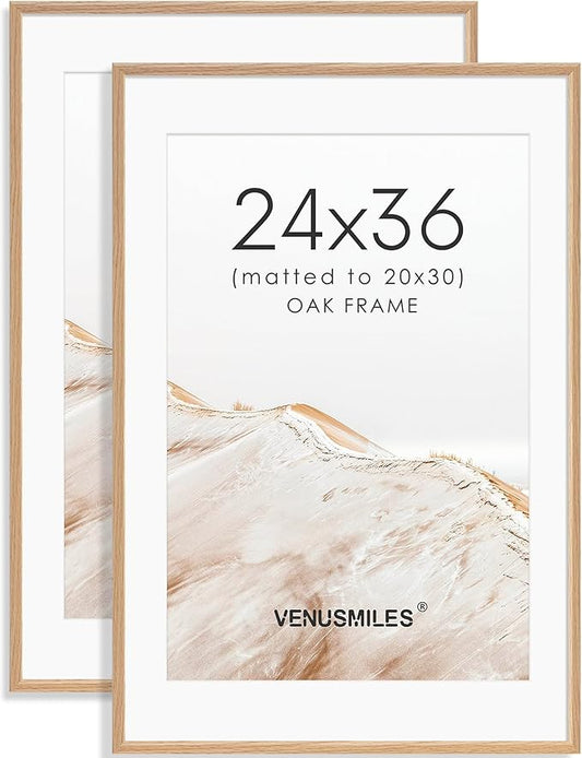 24x36 Poster Frame Set of 2 Natural Solid Oak Photo Frames with 20x30 Removable Mat Wall Hanging Large Handcrafted Frame with HD Plexiglass Wall and Tabletop Display Large Picture Frame