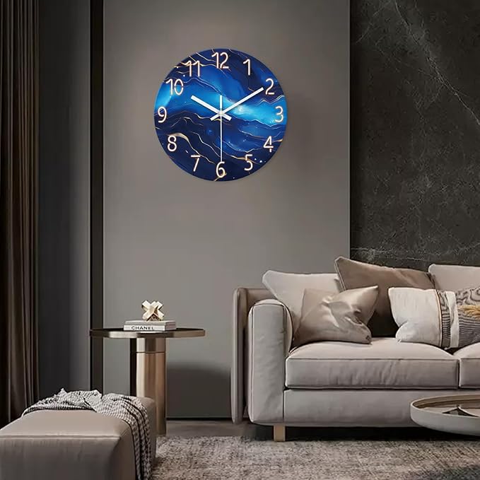 Blue Glass Wall Clocks Battery Operated 20 Inch Marble Large Wall Clocks for Living Room Round Non Ticking Wall Clock Silent