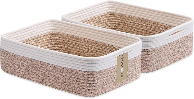 Large Shallow Organizing Baskets 15x11x5.1 Inches - Rope Woven Storage Bins for Bathroom, Shelves, Cube Closet, White Mixed Brown 2 Packs