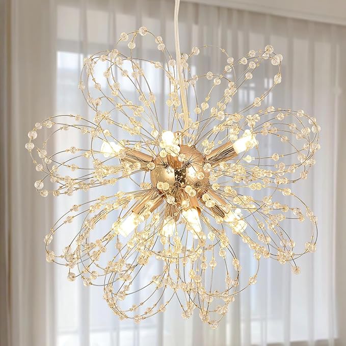 Modern Gold Chandelier Crystals, Sputnik Sunflower Beaded Hanging Lamp, Small Dandelion Pendant Light Fixtures for Kitchen Island Dining Room Bedroom Entryway (Gold 8Lights)