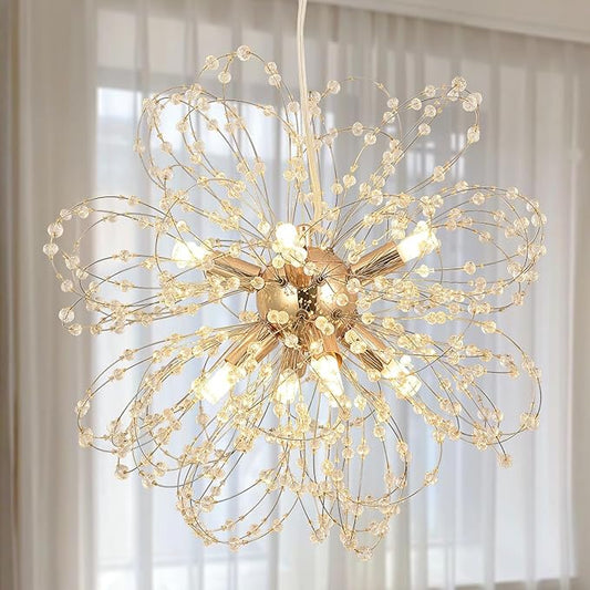 Modern Gold Chandelier Crystals, Sputnik Sunflower Beaded Hanging Lamp, Small Dandelion Pendant Light Fixtures for Kitchen Island Dining Room Bedroom Entryway (Gold 8Lights)