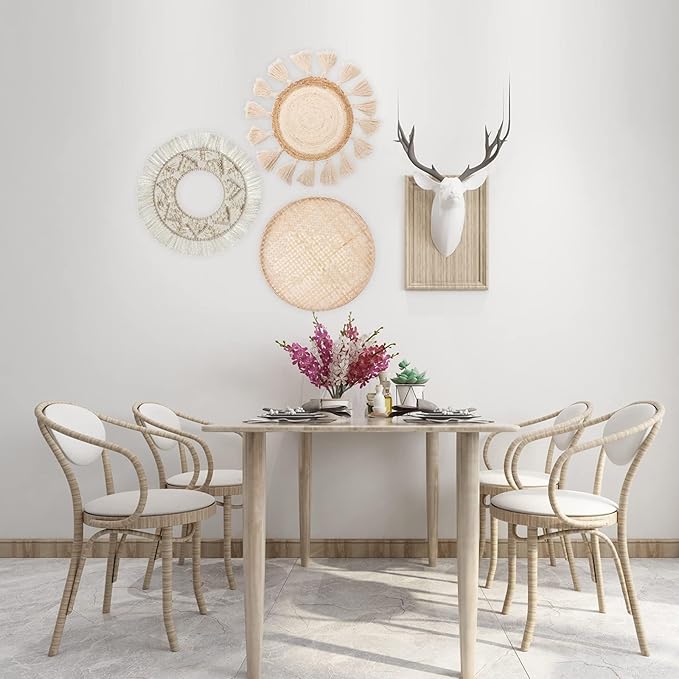 LOCS MICRAI Boho Wall Basket Decor Set of 3 - Flat Woven Basket Wall Hanging Decor,Round Tassels White Macrame Tapestry Wall Decor Art,Handmade Rattan Wicker Seagrass Home Wall Baskets Decor