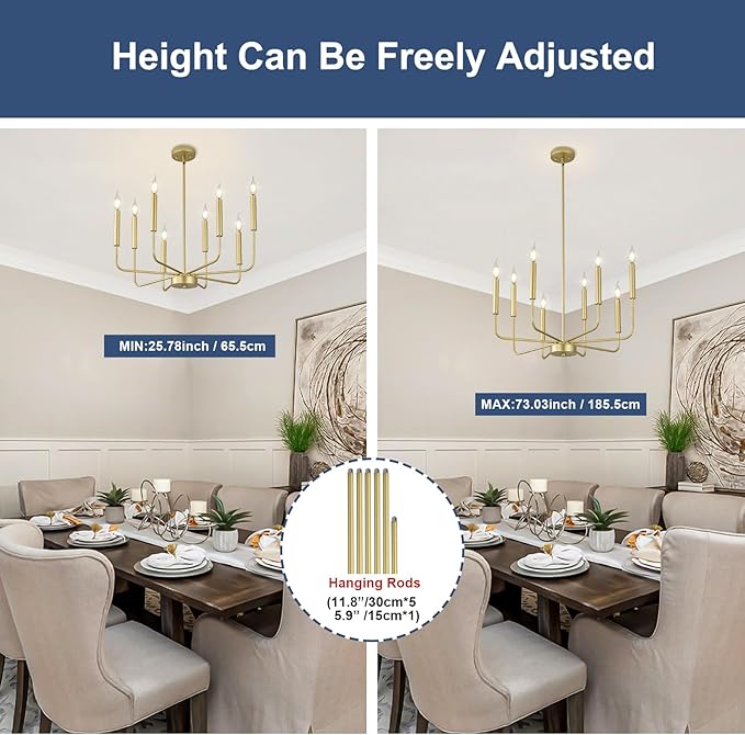 Modern Gold Farmhouse Chandeliers, 8-Light Industrial Metal Chandelier Lighting, Classic Candle Hanging Pendant Light Fixtures for Kitchen Bedroom, Dining Room, Living Room,Foyer