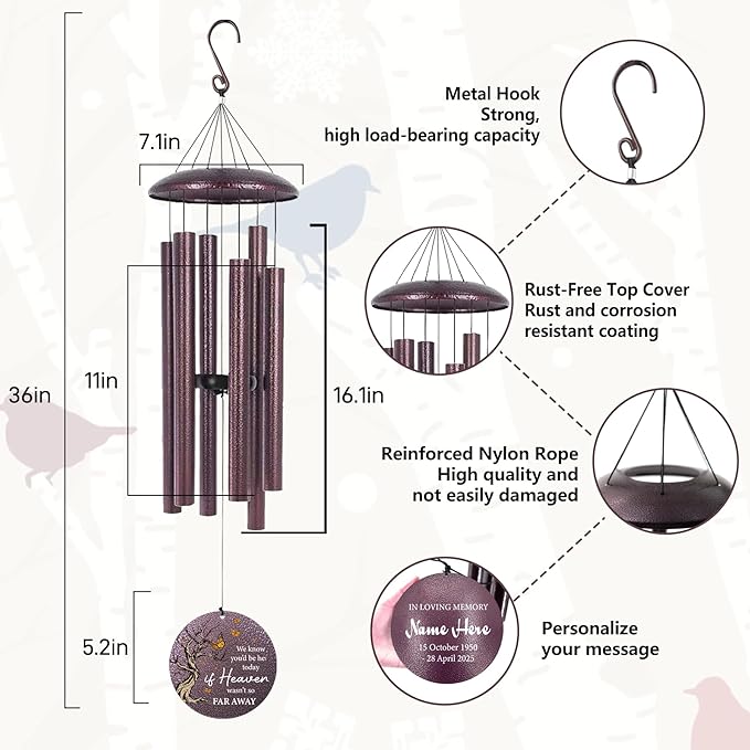 Cardinal Sympathy Wind Chimes Personalized, Windchimes in Memory of a Loved One/Mother, Sympathy Gifts Wind Chimes for Funeral Bereavement Condolences, Memorial Wind Chime