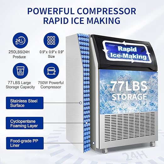 Commercial Ice Maker 250Lbs/24H Under Counter Ice Machine with 77Lbs Storage Bin, 90 Ice Cubes in 11Min, Stainless Steel Freestanding Ice Making Machine for Business, Water Filter and Scoop Included