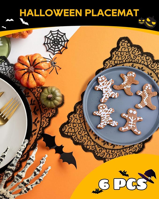 eZAKKA Halloween Table Runner with 4Pcs Placemat, Black Lace Spider Web Table Runners for Parties Gothic Spooky Home Decorations, 18 x 72 Inch