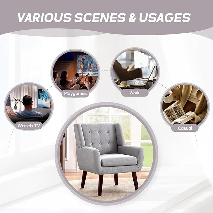 HUIMO Accent Chair Living Room Chair, Upholstered Button Tufted Armchair, Linen Fabric Sofa Chairs for Bedroom, Living Room, Mid Century Modern Comfy Reading Chair (Light Grey)