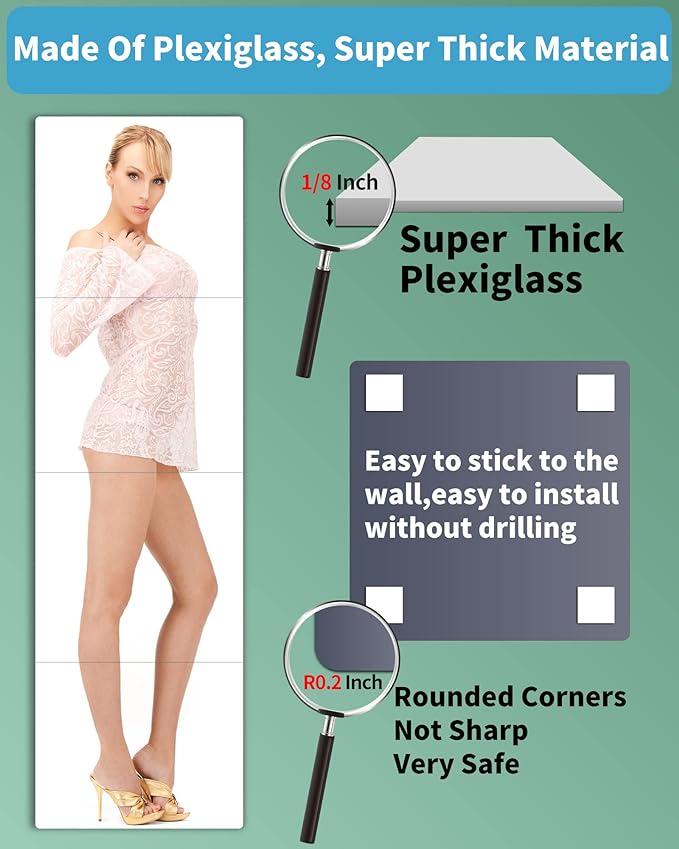 Shatterproof Wall Mirror Full Length for Bedroom, Acrylic Gym Mirrors For Home, Extra Thick: 0.12 inch, 12 x 12 inch x 4 Pcs, Workout Mirrors Safe for Kids, Over The Door, Long Wall Mounted