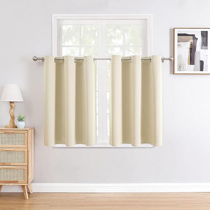 ChrisDowa Small Window Curtains for Kitchen and Bedroom - Grommet Short Thermal Insulated Room Darkening Curtains (2 Panels, Beige, 42 x 36 Inch)