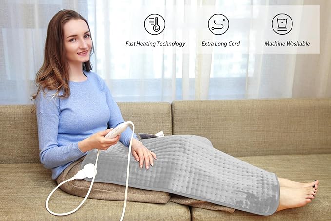 Ruqiji 17''x33'' XXXL King Size Heating Pad with Fast-Heating Technology&10 Temperature Settings, Flannel Electric Heating Pad/Pain Relief for Back/Neck/Shoulders/Menstrual Pain/Leg Cramp (Light Grey)