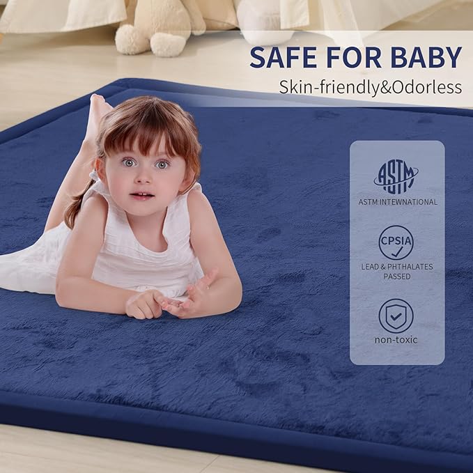 ACOMOPACK Baby Play Mat for Floor 1.3" Thick Memory Foam Play Mat 79"×157 Tummy Time Crawling with Non-Slip Bottom for Living Room,Nursery,Soft Velvet Playpen Mats for Kids,Infants（Royal Blue）