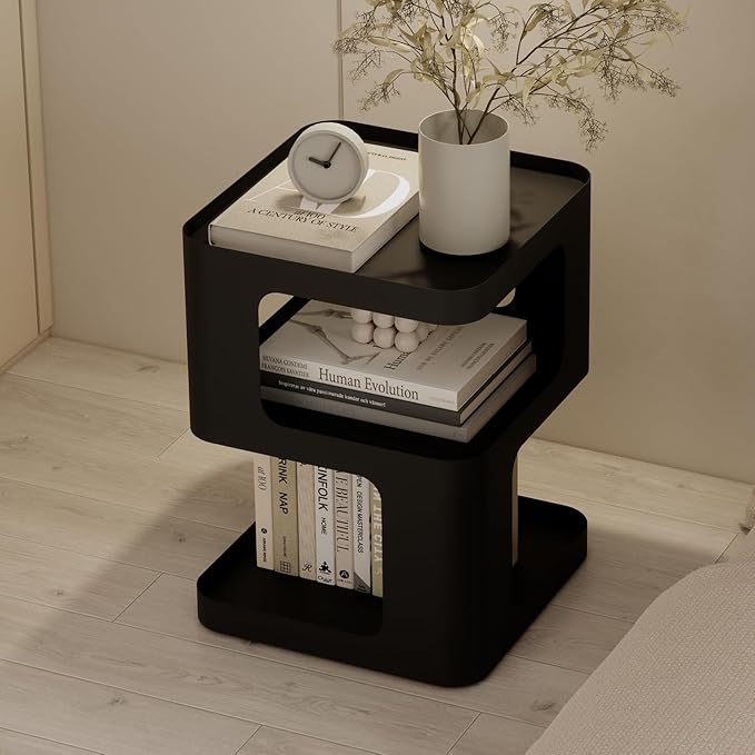 Modern Side Table, Metal Bedside Table Living Room, 3 Tier end Tables with Storage,Nightstand for Small Spaces, Living Room, Bedroom, Sturdy, No Assembly Required