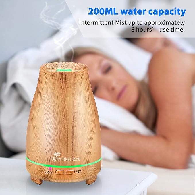 Diffuserlove Essential Oil Diffusers 200ML Diffuser Remote Control Aromatherapy Diffuser with 7 Color Lights, Auto Shut-Off for Bedroom Office Kitchen (Yellow Wood Grain)
