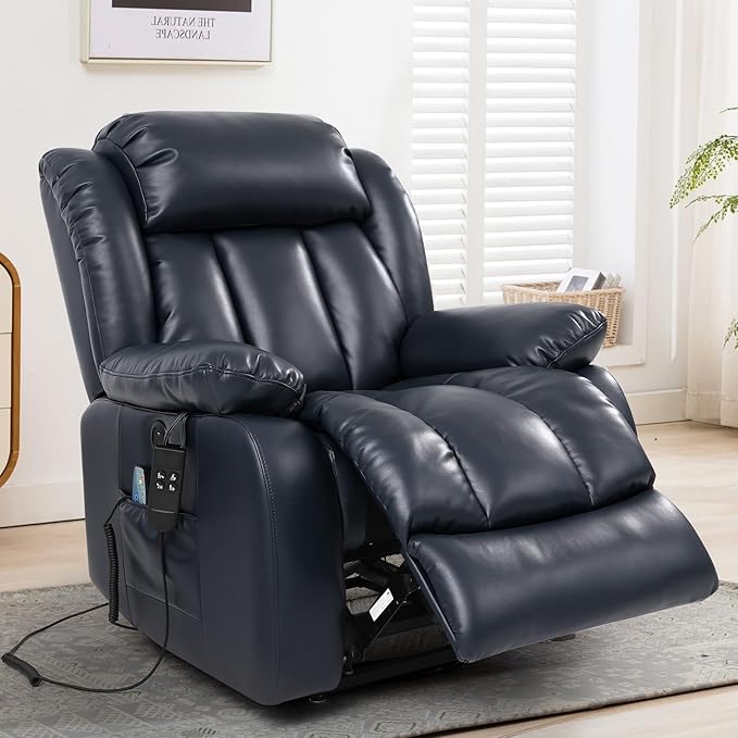 MAEVIS Power Recliner Chair, Lay Flat Sleeping Lift Chairs Recliner for Elderly with Heat and Massage,Comfy Real Breathable Leather Recliners with Dual OKIN Motor for Living Room (Blue)