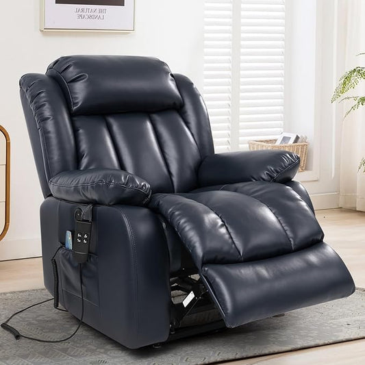 MAEVIS Power Recliner Chair, Lay Flat Sleeping Lift Chairs Recliner for Elderly with Heat and Massage,Comfy Real Breathable Leather Recliners with Dual OKIN Motor for Living Room (Blue)