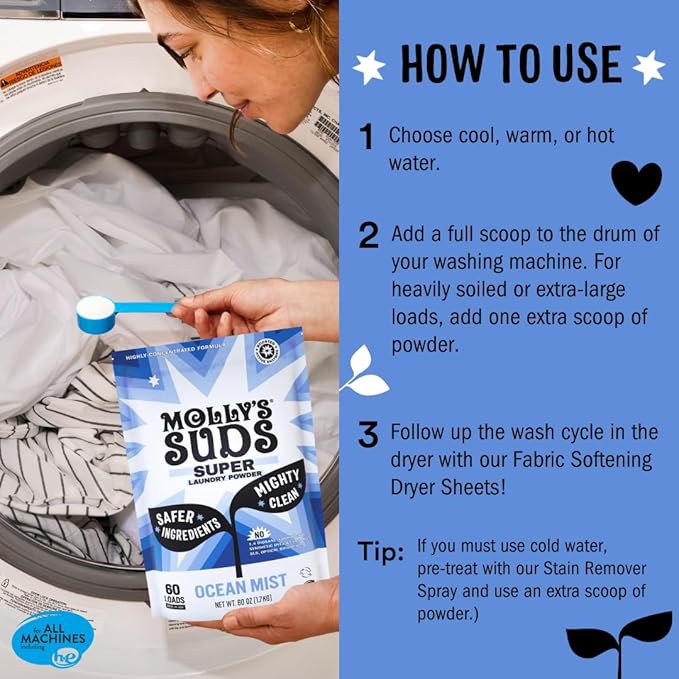 Molly's Suds Super Powder Detergent | Extra Strength Laundry Soap, Stain Fighting | Sensitive Skin | Simple, Effective Ingredients | 60 Loads - Ocean Mist