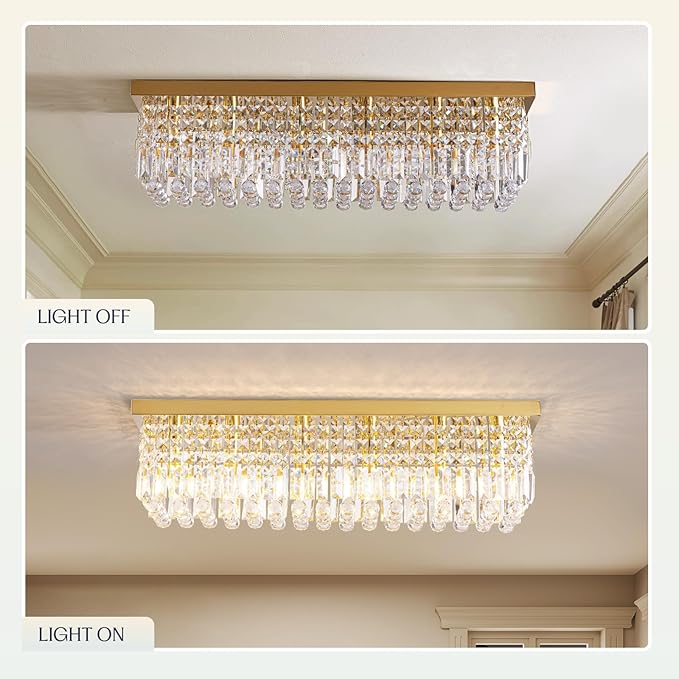 Modern Crystal Chandelier, 6 Lights Luxury Gold Rectangular Flush Mount Ceiling Light, Dining Room Light Fixture, Rectangle K9 Crystal Raindrop Chandelier for Living Room Bedroom L31.5 Inch