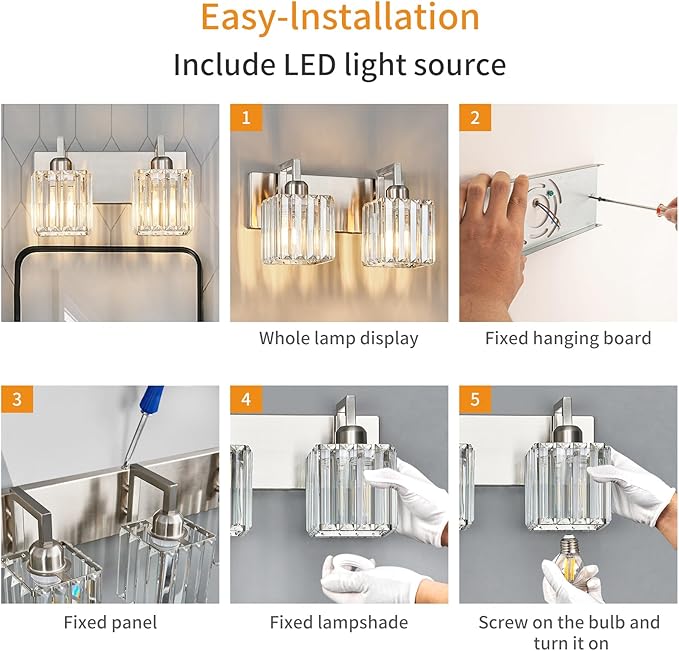 Modern Bathroom Vanity Light 2-Lights Brushed Nickel Vanity Light Crystal Wall Light Bathroom Light Fixtures