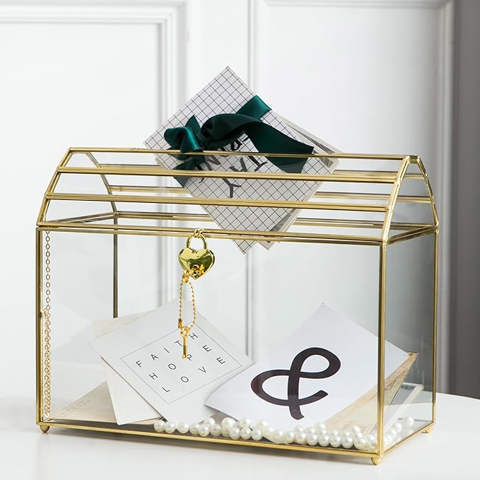 Wedding Card Box with Slot, 12.2'' Large Glass Card Boxes for Reception, Gold Card Holder, Clear Decorative Storage Box with Lock for Baby Shower, Birthday Party, Christmas, Bridal Shower