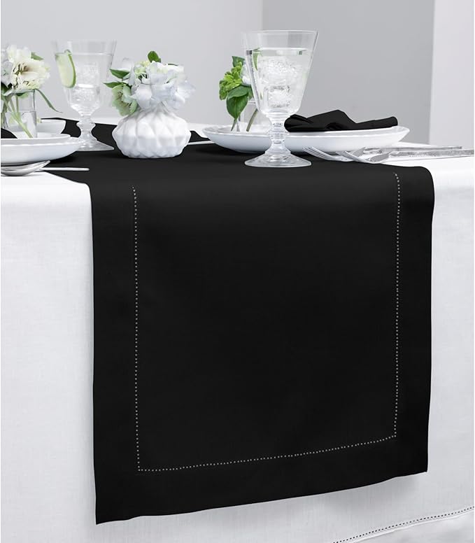 Solino Home Linen Black Table Runner 144 Inches Long - 100% Pure Linen Extra Long Table Runner 14 x 144 Inch for Fall, Autumn, Halloween, Thanksgiving - Classic Hemstitch
