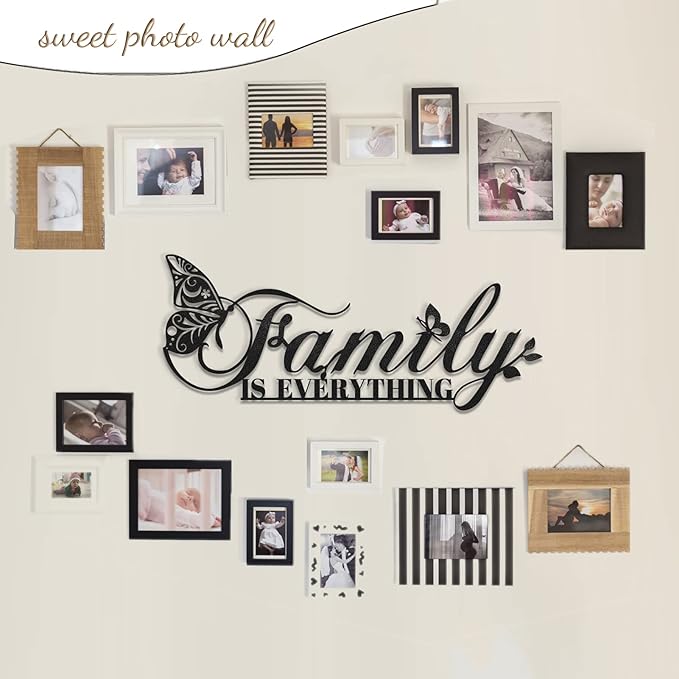 Family Signs Metal Wall Decor, Oppro Family Is Everything Word Sign with Butterfly for Home Decor, Black Art Plaque Letters for Living Room, Dining Room Bedroom Housewarming Mother's Day Father's Day Gift , 17”x6.3”