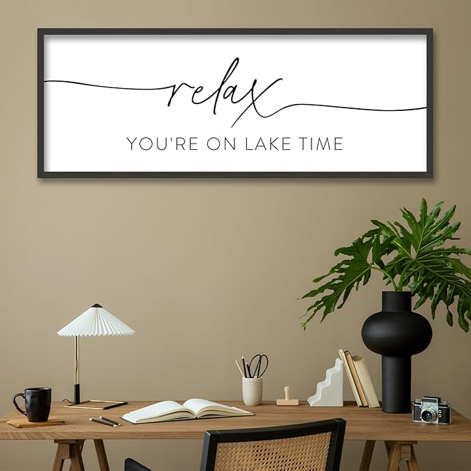 SRSZHIYUE Relax You're On Lake Time Wall Decor Above Bed Sign 40"×15" for Lake House Bedroom Over Bed Large Wood Framed Hanging Art (Black)