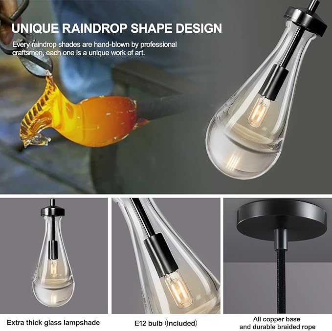 Modern Raindrop Pendant Lights Set of 2, Bronze Pendant Lights Kitchen Island, Black Pendant Light Island Lights for Kitchen Chandeliers for Living Room Bathroom Bedroom Hallway,Bulb Included