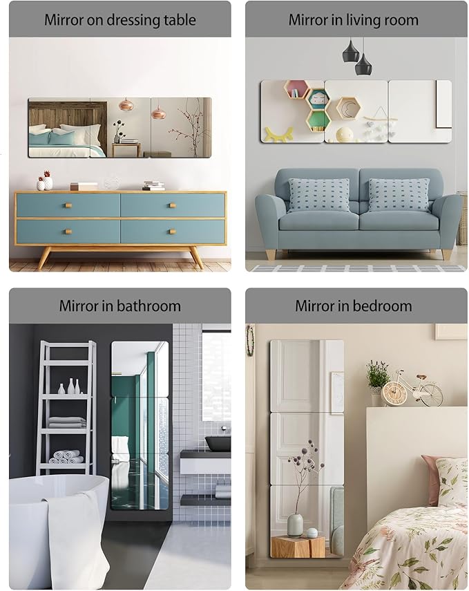 Unbreakable Full Length Wall Mirror,The Door Mirror,4Pack 14''x14'',Acrylic Kids Shatterproof Plexiglass Long Mirrors for Bedroom Closet,Children Non Glass Stick on Mirrors