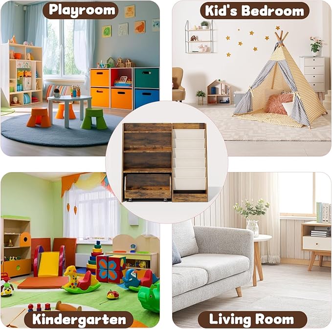 COZPAW Kids Bookshelf and Toy Storage, 4 Tier Toddler Bookshelf with Movable Drawer 5 Sling Pockets, Montessori Book Shelf for Kids Room, Playroom, Nursery (Brown)