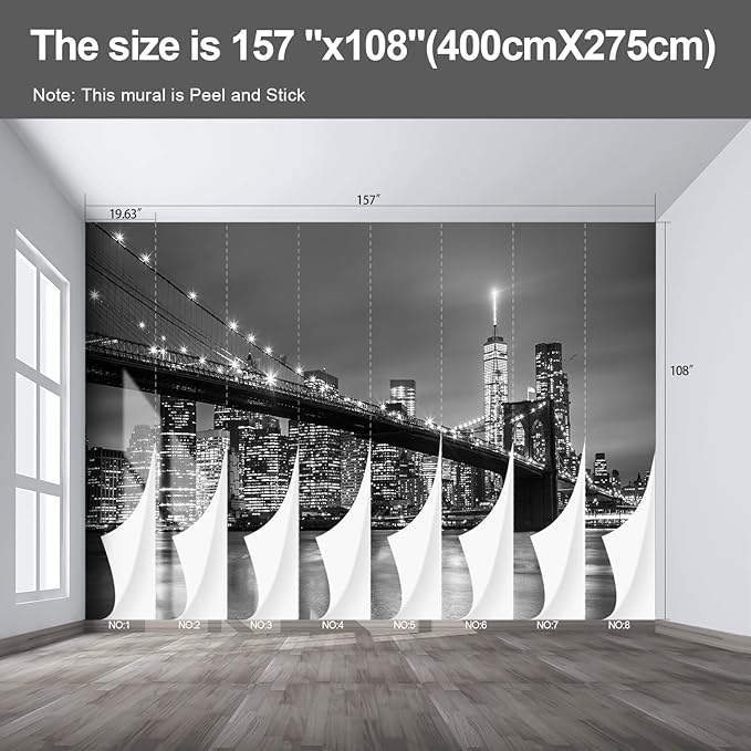 Gray Brooklyn Bridge at Night NYC Wall murals New York Peel and Stick Wallpaper for Bedroom Living Room - 108"x157"