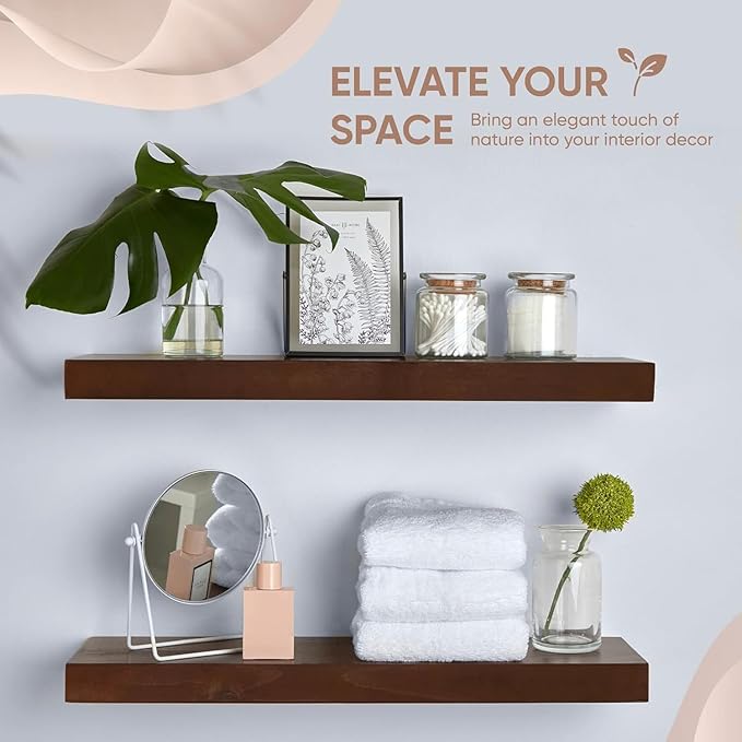 Homeforia 24inch Walnut Floating Shelves for Wall, High End Solid Real Wood 24in Floating Shelf for Bathroom, Dark Brown 24 inch Long Floating Shelves, Heavy Duty Bracket, 24 X 6.5 X 1.75 in, Set of 2