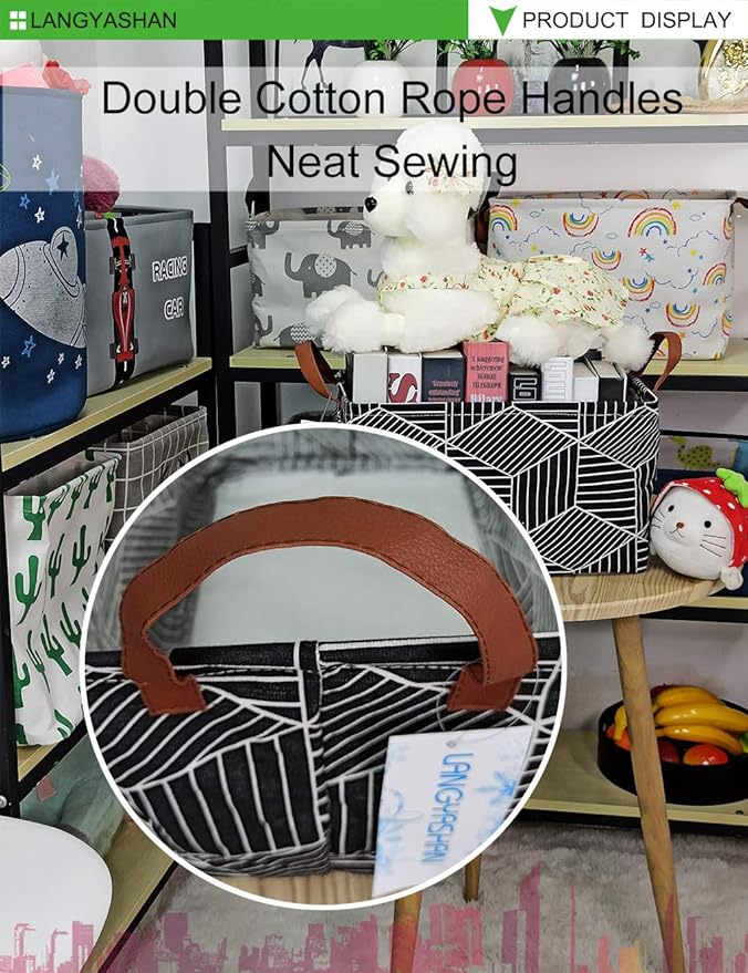 LANGYASHAN Rectangular Storage Bin Collapse Canvas Fabric Cartoon Storage Basket with Handles for Organizing Home Kitchen Boys and Girls Toys Office Closet Shelf Baskets (Black Diamond)