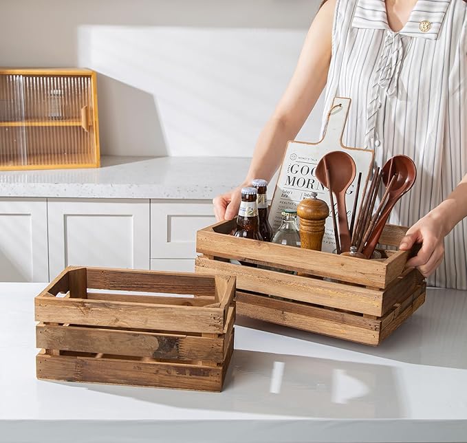 Set of 3 Nesting Wooden Crates, Rustic Wooden Storage Container Boxes with Cutout Handles, Decorative Farmhouse Wood Baskets for Display (Natural)