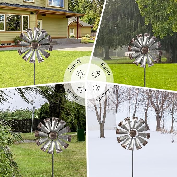 Wind Spinners Outdoor，Metal Vintage Style Single Sided Silver Windmill Kinetic Wind Spinner for Outdoor Garden Patio Yard Decor,Diameter 13 Inches