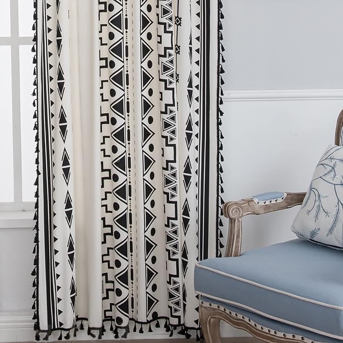 Sutuo Home Black and White Boho Curtain 84 Inches Length for Bedroom, Printed Cotton Linen Geometric Rod Pocket Chic Semi Blackout Bohemian Tassels Window Treatment, 1 Panel 59" W x 84" L
