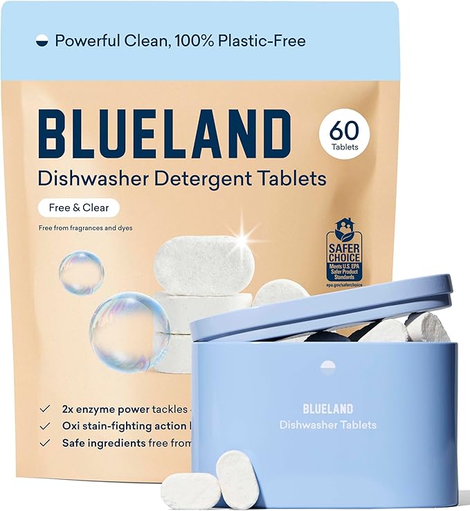 BLUELAND 100% Plastic-Free Dishwasher Detergent Tablets, Starter Set, 60 Count with tin, Free & Clear, Eco-Friendly Dishwashing Pods, Natural, Sustainable