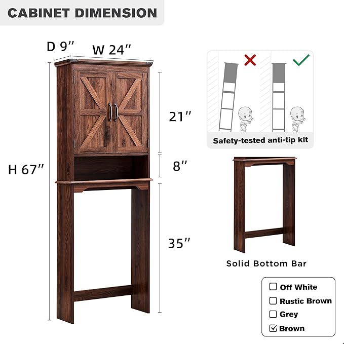 Over The Toilet Storage Cabinet, Farmhouse Bathroom Cabinet with Adjustable Shelf & Barn Door, 67" Tall Over The Toilet Shelf, Brown