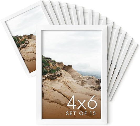 HAUS AND HUES 4x6 White Metal Picture Frames - Bulk Frames 4X6 - Features Premium Aluminum, Vertical Hanging, Easel Back for Tabletop, Home, Office (4x6 in, White, Set of 15)
