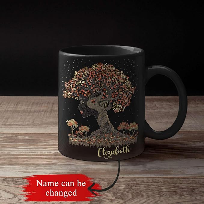 Custom Name Coffee Mug 11oz 15oz, Unique Nature Inspired Coffee Cup for Women, Personalized Vibrant Nature Themed Black Cup, Artistic Tree Ceramic Mug, Gifts for Women's Day