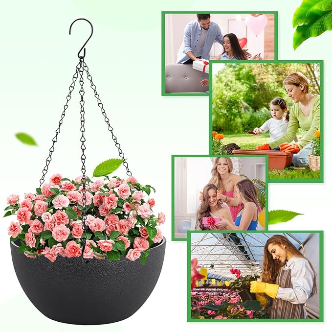 12 inch Hanging Planters for Indoor Plants, 2 Pack Planters for Outdoor Plants with Drainage Holes and Chain, Round Plastic Hanging Baskets, Hanging Flower Pots for Balcony Garden Decor-Black