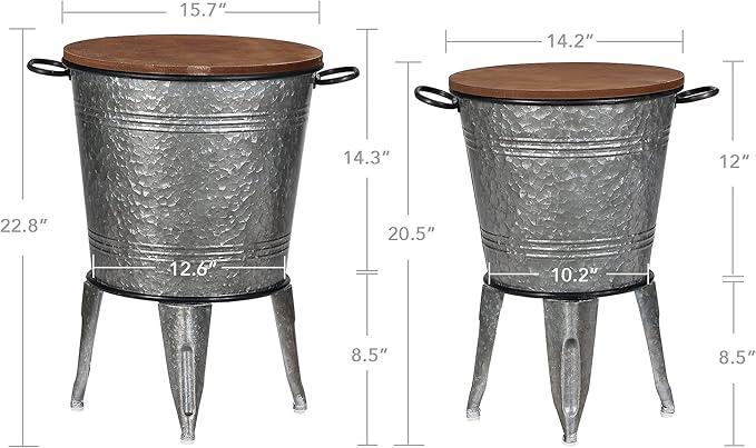 Rustee Rustic Storage Farmhouse Accent Side Table,Antique Galvanized Metal End Coffee Cocktail Table Box Bin with Round Wooden Lid Set of 2 (Galvanized),HC2009WT,One size