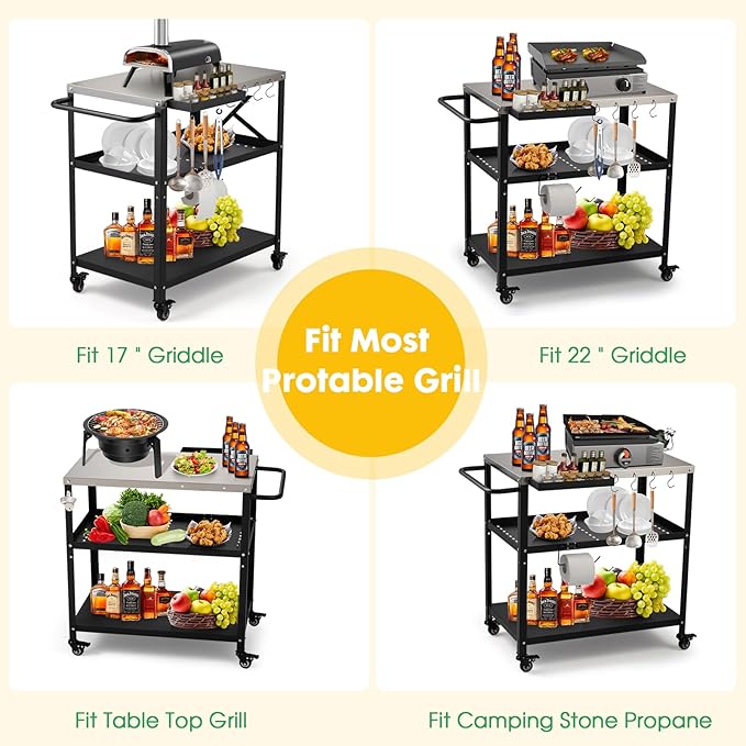 Outdoor Grill Cart Table,Indoor and Outdoor Pizza Oven Table,with 4 Movable Total Lock Casters, Hooks, Side Handle Multifunctional (Stainless Steel Table)