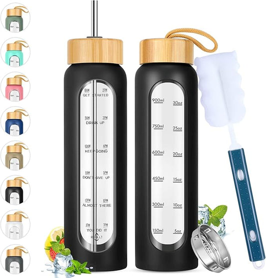 32 oz Glass Water Bottle with Straw - Motivational Time Marker & Silicone Sleeve - Reusable Tumbler Includes 2 Bamboo Lids & Fruit Infuser - 1 Pack