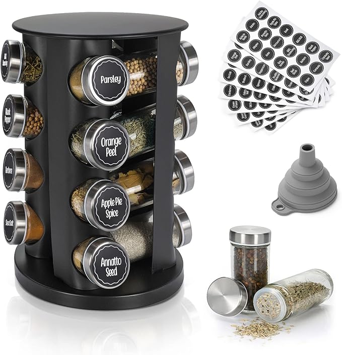 Black Countertop Rotating Spice Rack, 16-Jars Revolving Spice Rack Organizer Tower, 135 Spice Labels with Funnel Complete Set, Seasoning Organizer for Kitchen Countertop, Cabinet