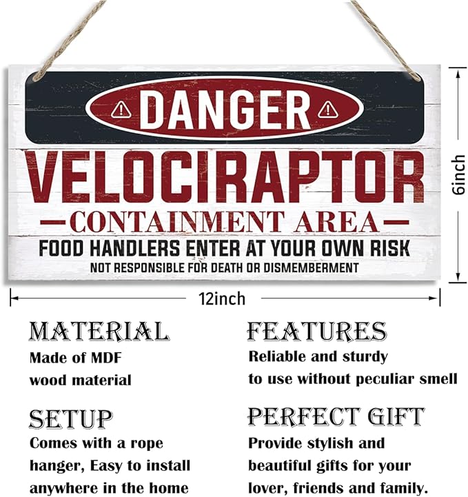 Warning Velociraptor Containment Area Sign, Danger Dinosaur Park Decor, Decorative Hanging Wood Plaque, Farmhouse Indoor Outdoor Decor, Door Gate Hanger, Novelty Sign