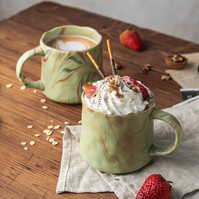 Abstract Art Ceramic Coffee Mugs Set - 1 Pack, Mint Green with Red and White Accents, Handcrafted Design for Modern Kitchen or Office