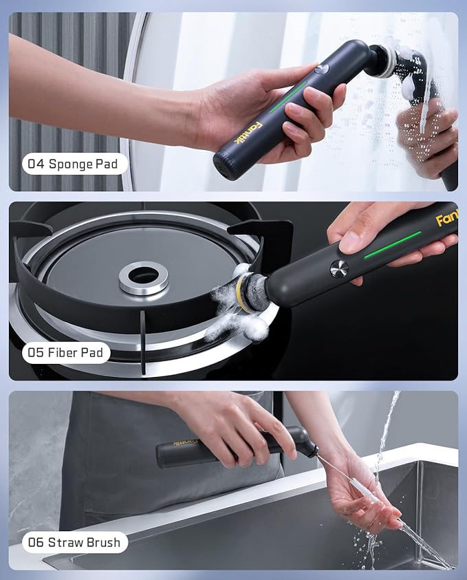 Fanttik G9 Nano Electric Spin Scrubber, Cordless Power Grout Brush, Type-C Fast Charging with LED Power Display, IPX7 Waterproof, 8 Replaceable Heads for Cleaning Grout, Corners, Crevices - Black